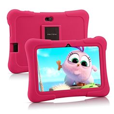 a pink tablet with an angry bird on it