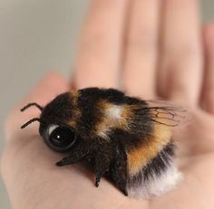 a close up of a person's hand holding a tiny bee