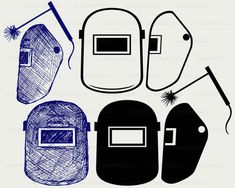 the silhouettes of different types of backpacks are shown in black, white and blue