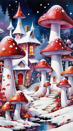 a painting of snow covered mushrooms and houses