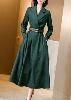 Beautiful Green Notched Collar Sashes Slim Fit Corduroy Maxi Dresses Spring AC2013 Long Fall Dresses, Tulle Long Dress, French Green, Spring Maxi Dress, Romantic Outfit, Collar Cardigan, Spring Fabric, Corduroy Dress, Comfortable Room