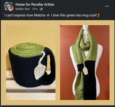 two knitted items on display next to one with a mug and scarf hanging from it