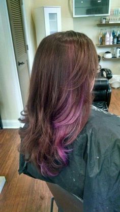 Purple Highlights Light Brown Hair, Brown Hair Purple Highlights, Hair Purple Highlights, Highlights Light Brown Hair, Highlights Light Brown, Purple Peekaboo Hair, Purple Highlights Brown Hair, Hair Lights