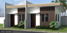 two small houses with windows and shutters on the front, one is brown and white