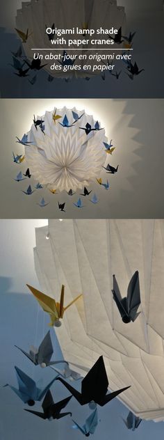 origami lampshades with paper cranes hanging from the ceiling - 3docn