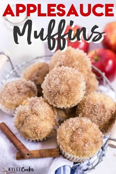 applesauce muffins in a glass bowl with cinnamon stick on the side