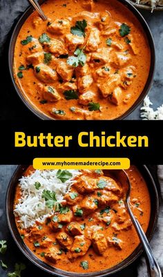 two bowls filled with chicken curry and rice