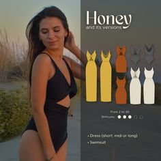 a woman in a bathing suit standing next to an advertisement for honey and its versions