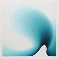 an abstract painting in blue and white with wavy lines on the bottom half of it