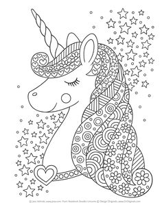 an adult unicorn with stars on it's head is shown in black and white