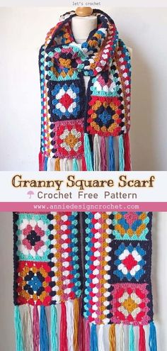 a crocheted granny square scarf with fringes and beads on the edges, hanging from