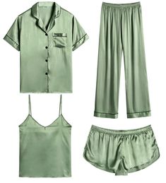 PRICES MAY VARY. 【Premium Material】--- This 4 piece pajama set is made of high-quality satin(95% Polyester, 5% Spandex), which is very soft, lightweight, and comfortable. This lightweight pajama set has a silky texture that will make you feel smooth and shiny, never pilling or fading, and help you sleep well, dreamlike. 【4Pcs Pajama Set】--- Women 4 pcs pjs sets include spaghetti strap cami top, a button-down short sleeve sleepshirt, a pair of shorts, a pair of long pants. This four-piece sets fo Mumbai Shopping, Christmas List Inspo, Classy Loungewear, Party Mood Board, Christmas Birthday Ideas, Bridal Sleepwear, Satin Pjs, Basic Clothes, Travel Outfit Ideas