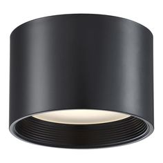 a black ceiling light with a white light in the middle and a circular shade on top