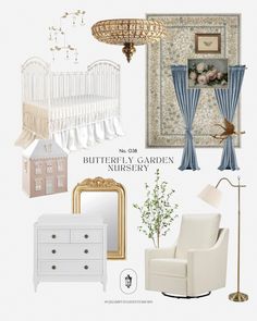 a collage of furniture and decor in shades of blue, white, beige and gold