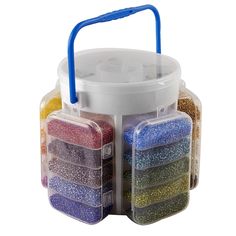 a plastic container filled with lots of different colored beads