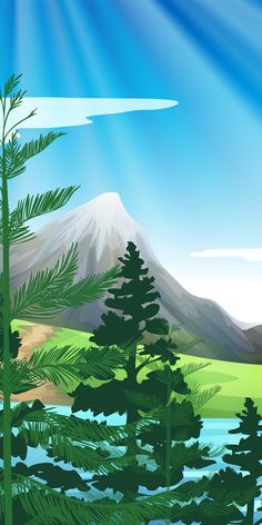 an image of a mountain scene with pine trees