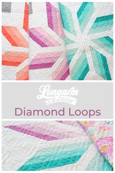 the diamond loops quilt pattern is shown in three different colors and sizes, with text overlay