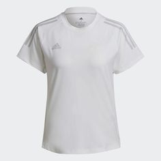 the adidas shirt is white and has three stripes on it