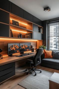 a modern home office with built - in shelving and desks, along with a large window