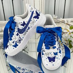 Sweet 16 Shoes, Quince Shoes, Quinceanera Shoes, Royal Blue Quinceanera, Birthday Shoes, Fifteenth Birthday, Nike Airforce1, Quinceañera Ideas, Bridal Sneakers