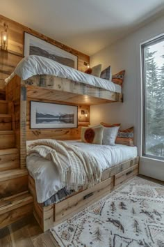 a bedroom with bunk beds made out of wooden pallets