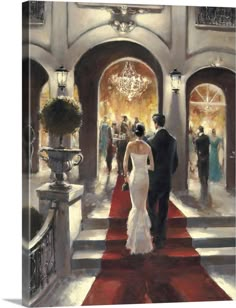 a painting of a bride and groom walking down the red carpeted staircase to their reception