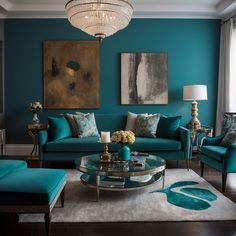 a living room filled with furniture and a chandelier above a glass coffee table