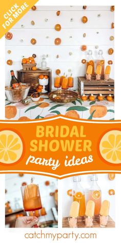 an orange themed bridal shower party with lots of food and drinks on the table