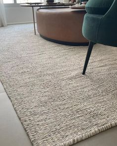 a living room with a chair and rug on the floor