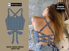 the backless crop top is made from blue and white crocheted fabric with bows on