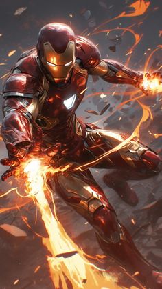 an iron man in the middle of fire with his arms out and legs spread wide