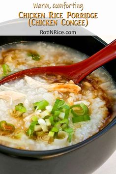 chicken rice porridge with green onions and carrots in a black bowl on a white surface