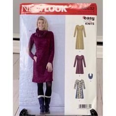 a woman in a purple dress and boots standing next to a sewing pattern for the new look