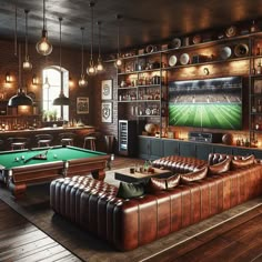 Transform your space into a rustic, vintage-themed man cave. Featuring a big leather sectional, a brick-wall-mounted TV, a pool table, specialty whiskey bar, and antique decor. Finish with high-end audio and a vinyl record player. #ManCave #HomeInterior #Rustic #VintageDecor #HomeBar #GameRoom Man Cave Rustic Ideas, Modern Industrial Man Cave, Moody Billiards Room, Whiskey Bar Basement, Rustic Gaming Room, Home Bar Room Ideas, Man Cave Room Ideas, Rustic Bar Design, Garage Ideas Man Cave