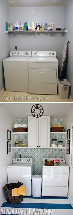 two pictures of laundry room with washer and dryer in the same room, one is