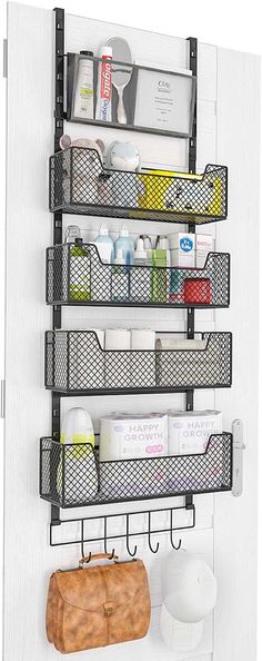 a wall mounted shelf filled with lots of different items and containers on it's sides