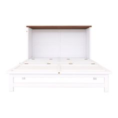 the bed frame is white and has two drawers on each side with one drawer open