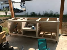 an unfinished workbench in the process of being built