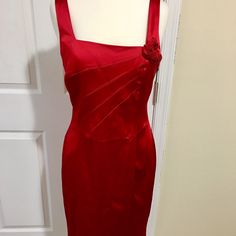 Great For A Wedding Or Evening Affair. Shoulder 12”, Length 39”. 68% Acetate, 28% Nylon, 3% Polyurethane. Red Satin Dress For Prom Season, Red Satin Dress For Prom, Elegant Red Satin Evening Dress, Red Fitted Satin Dress For Formal Occasions, Red Satin Evening Dress With Pleated Bodice, Red Satin Dress For Formal Occasions, Formal Red Satin Dress, Red Fitted Satin Dress For Prom, Elegant Red Dress With Lined Bodice