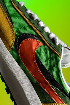 The only thing more nostalgic than one old school Nike running shoe is two. On the Sacai x Nike LDWaffle “Green Gusto,” the high fashion brand and Nike combine elements of Nike’s LDV and Waffle Racer for a retro-meets-modern lifestyle shoe. Nike Running Shoe, Modern Lifestyle, Running Shoes Nike, Nike Running, Running Shoe, Puma Sneaker, Fashion Brand