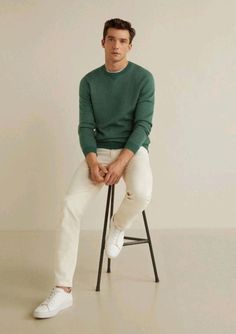 Cream white pants with green sweater and white sneakers. Simple yet stylish. Green Sweatshirt Outfit, Sweater Outfits Men, Mens Smart Casual Outfits, Smart Casual Menswear, White Shoes Men, Pants Outfit Men, Classy Outfits Men, Color Combinations For Clothes, Mens Casual Outfits Summer