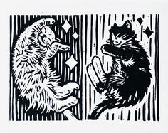 two black and white drawings of cats playing with each other