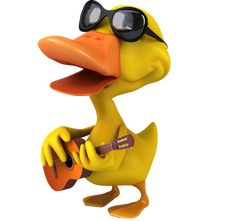 a yellow duck with sunglasses and a guitar