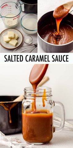 salted caramel sauce is being poured into a glass jar with spoons and other ingredients