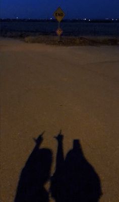 the shadow of two people standing in front of a street sign at night with water and sky behind them