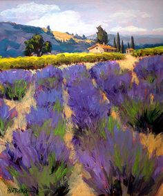 an oil painting of lavenders in the hills