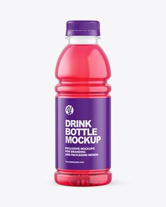 a bottle of pink drink with purple cap and label on the side, mockup