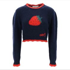 Nwt Alessandra Rich Strawberry Jacquard Sweater. Navy Blue With Adorable Strawberry Embroidery. Size It 44. Sold Out Everywhere Online! Looking To Get Close To What I Paid For, No Up Charge! Strawberry Embroidery, Puffed Long Sleeves, Monogram Embroidery, Sweater Navy Blue, Blue Jumper, Alessandra Rich, Jacquard Sweater, Current Styles, Cute Sweaters