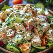 a salad with chicken and cucumbers in a wooden bowl