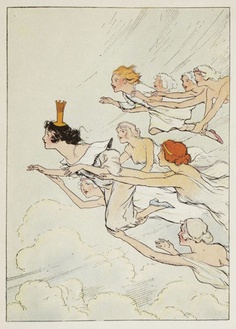 an image of a woman floating in the air with four other women around her and one is wearing a crown